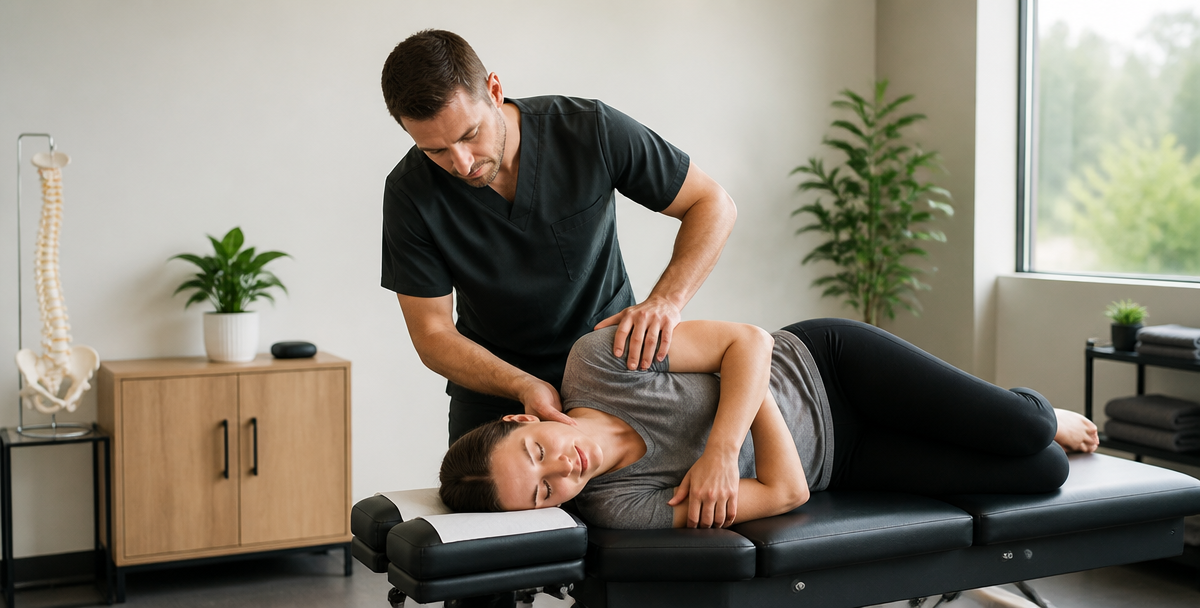 Chiropractor performing a gentle spinal adjustment for a car accident injury patient in a Pottsville, PA clinic