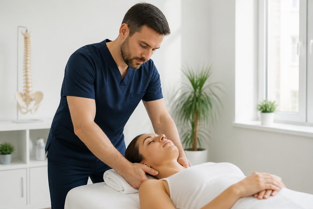 Massage therapist performing therapeutic neck and shoulder massage on an accident injury patient in a Pottsville, PA clinic