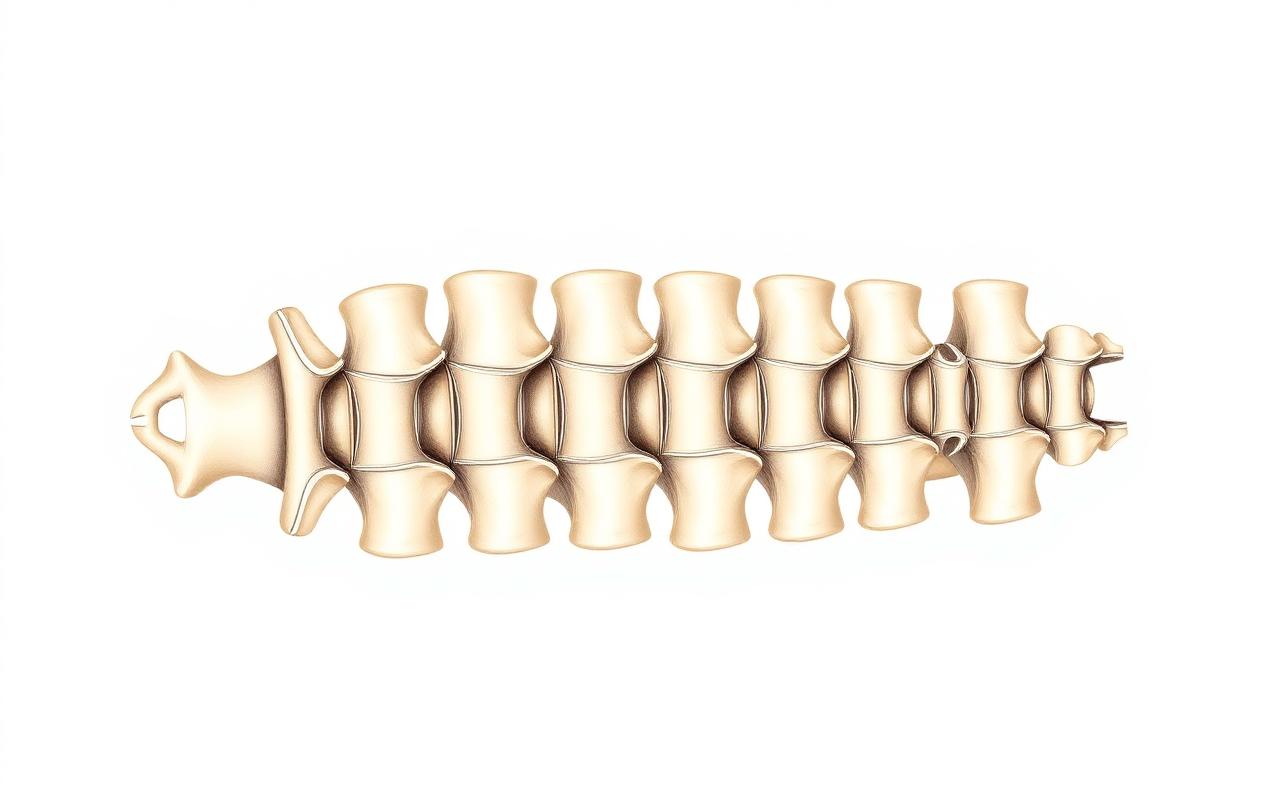 Anatomical illustration of a spinal column showing vertebrae and discs