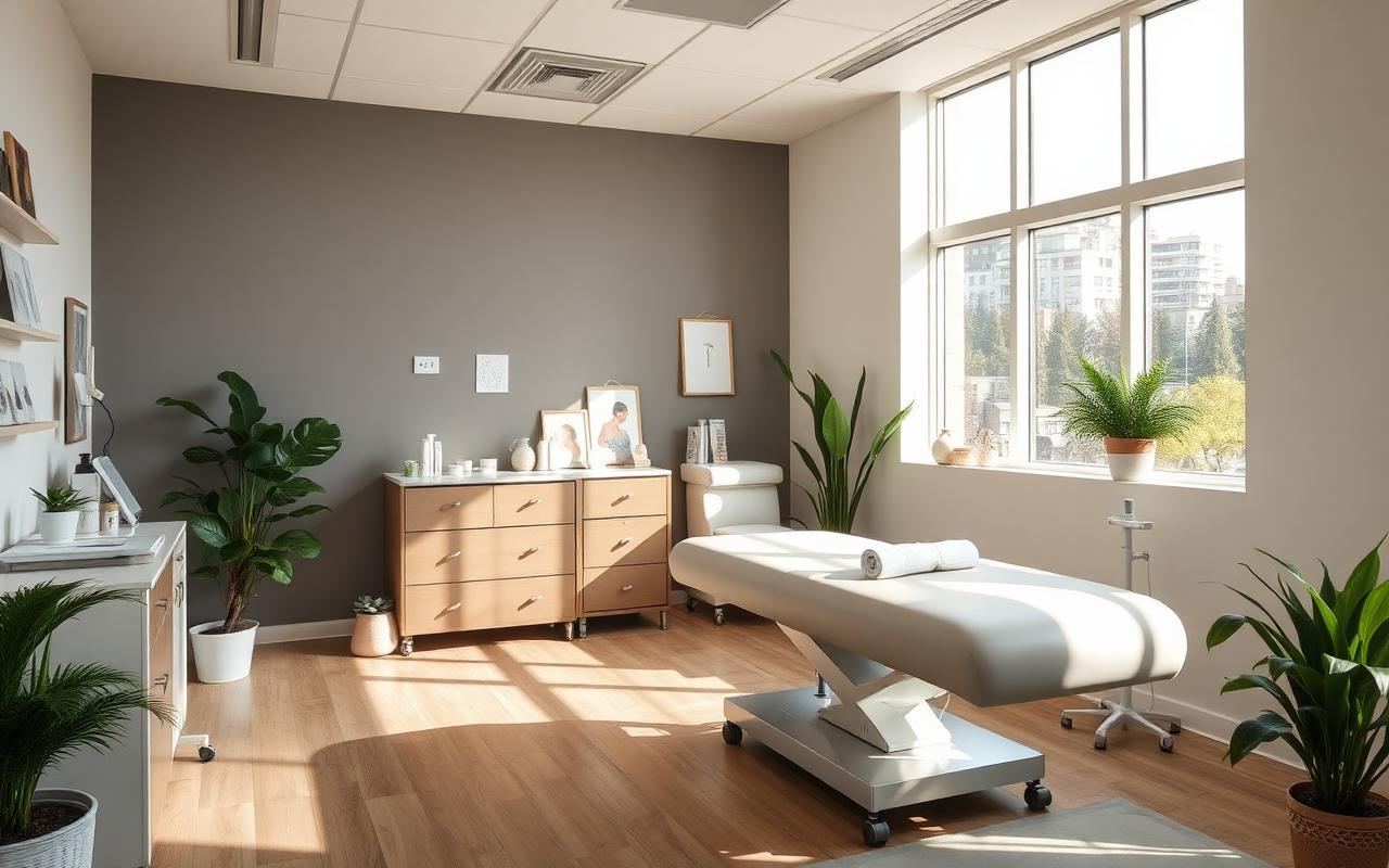 Modern bright chiropractic clinic interior with treatment table in Pottsville, PA