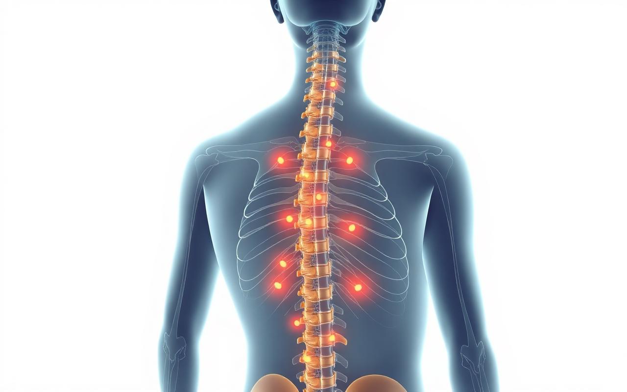 Anatomical illustration of human spine highlighting vertebrae and nerve pressure points