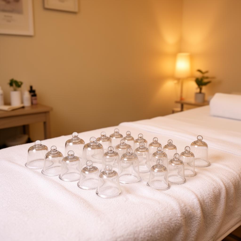 Glass cupping therapy cups arranged on a treatment table in a professional wellness clinic