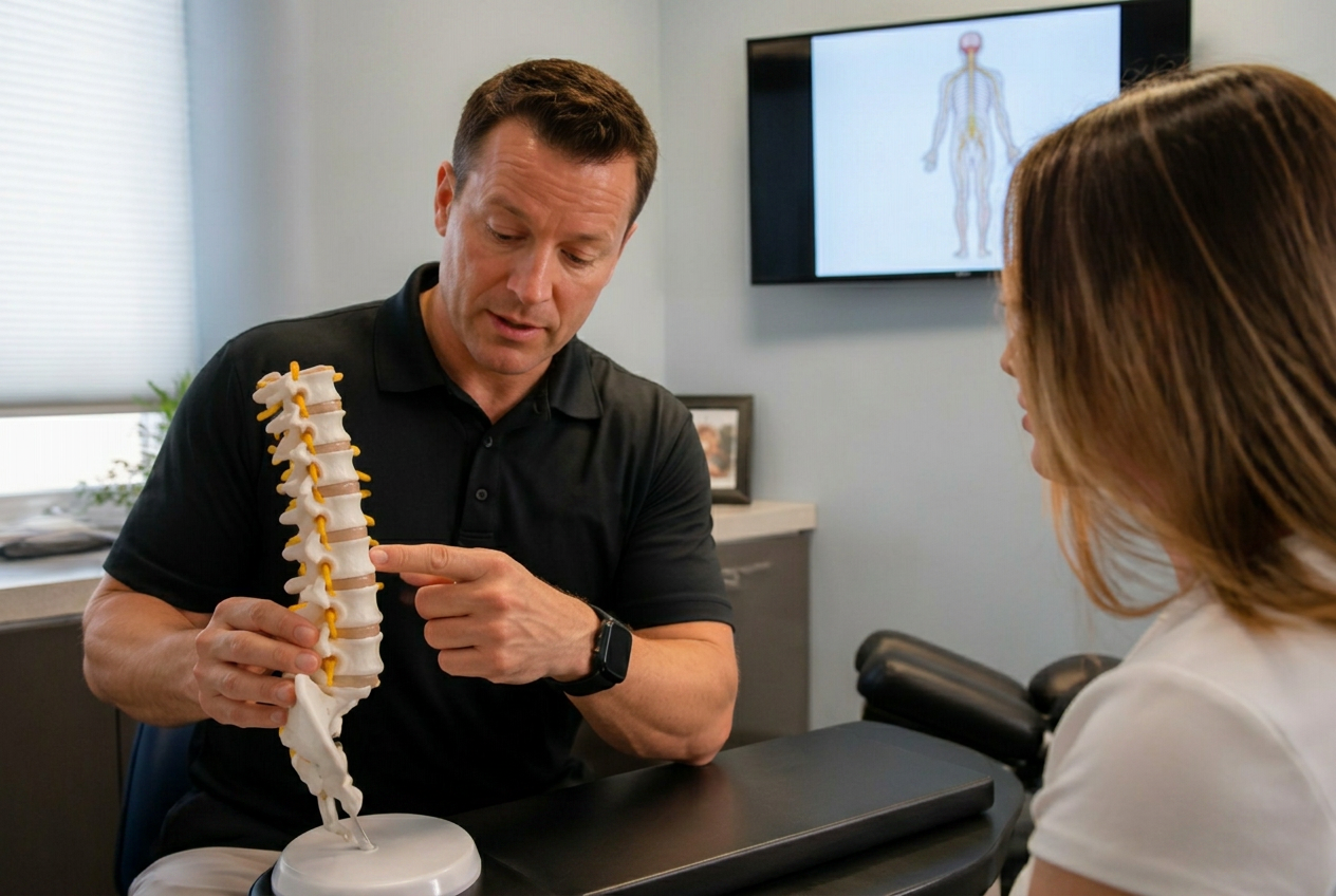 Chiropractor using a lumbar spine model to explain sciatica and disc pressure to a patient