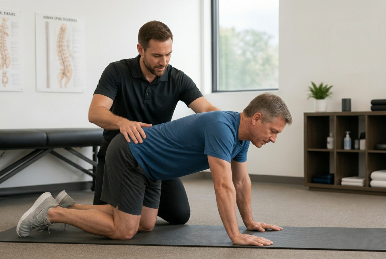 Chiropractor guiding a patient through a low back rehabilitation exercise after a work injury