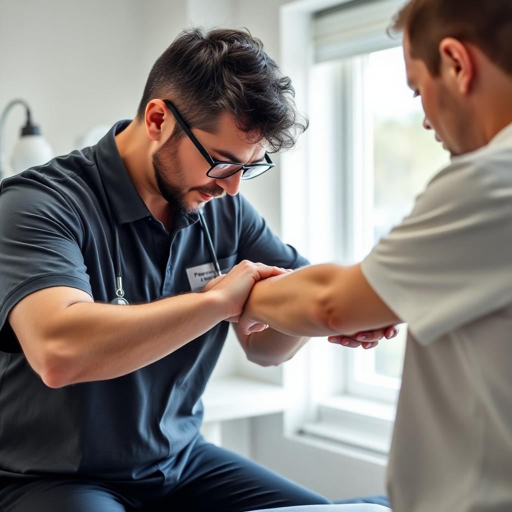 Chiropractor gently examining a patient's wrist and elbow for tendonitis in a bright modern Pottsville, PA clinic