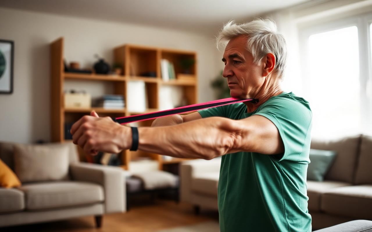 Patient performing prescribed rehabilitation exercises with a resistance band at home