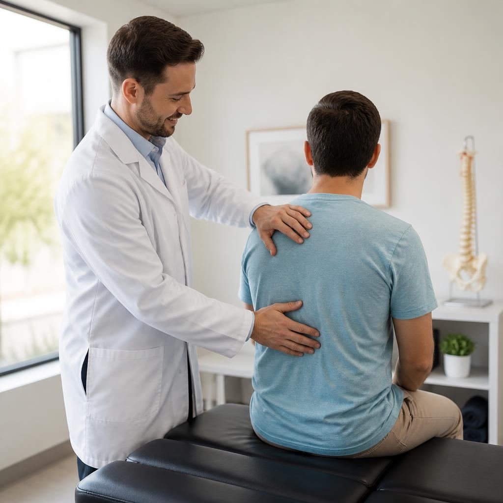 Professional chiropractor consulting with a work-injury patient in a modern clinic examination room